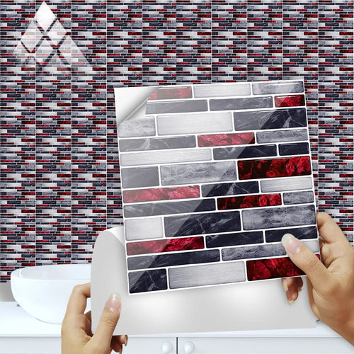 Red and black marble brick peel-and-stick wall tile stickers on backing sheet