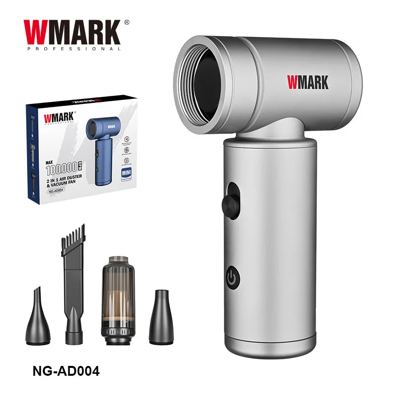 WMARK NG-AD004 silver cordless handheld vacuum and air duster with nozzles for professional barber cleaning.