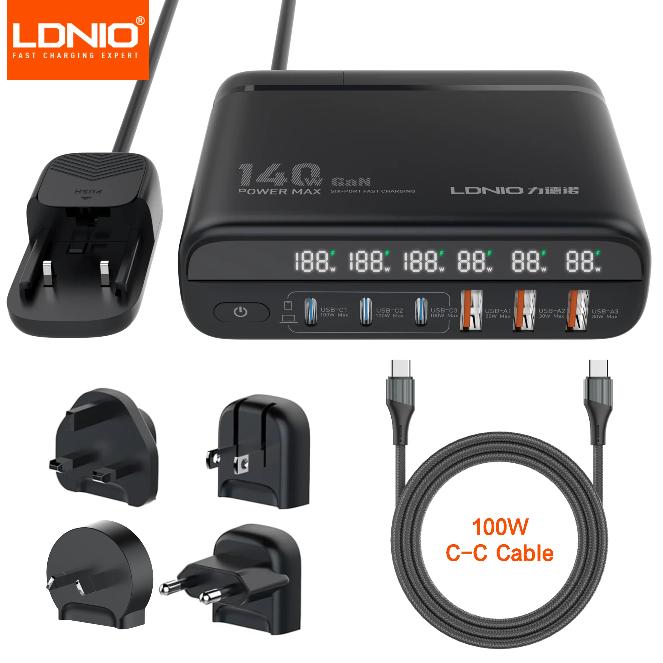 LDNIO 140W GaN international Travel Adapter USB C Charger Block 100W Port LED Display AU US UK EU Charging Station Wall Charger