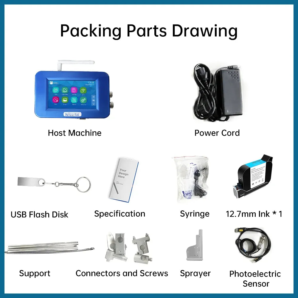 Inkjet printer packing parts diagram showing host unit, power cord, and accessories