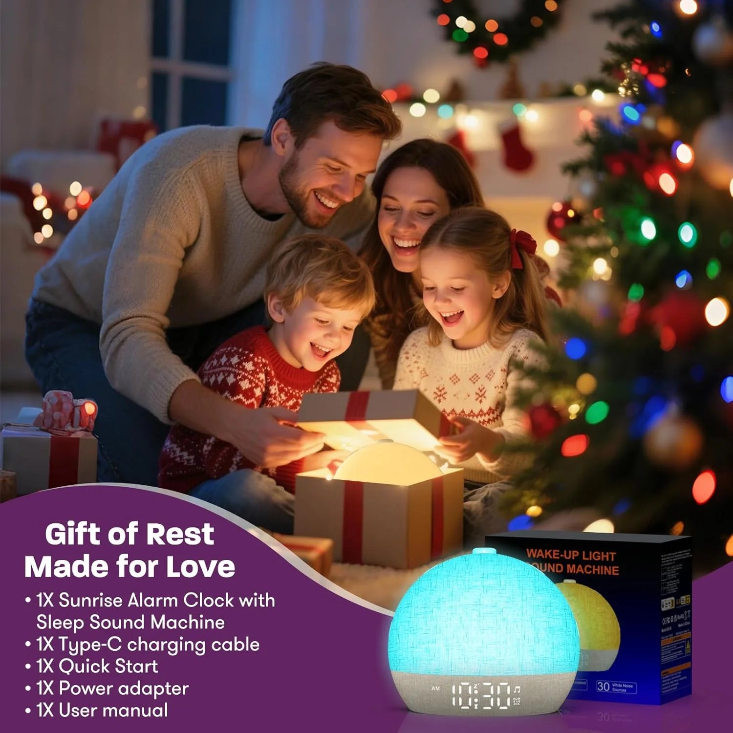 Wake Up Lights Sunrise Alarm Clock Dimmable Night Light White Noise Sound Machine with 30 Soothing Sounds for Heavy Sleeper Gift