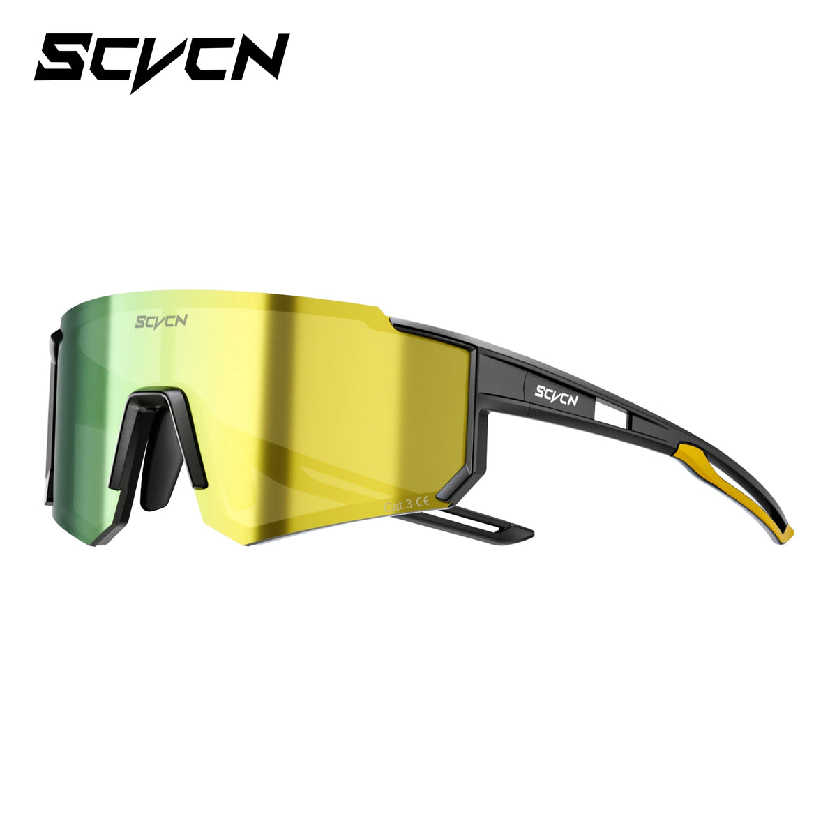Sports sunglasses with black frame and yellow mirrored lenses, vented shield