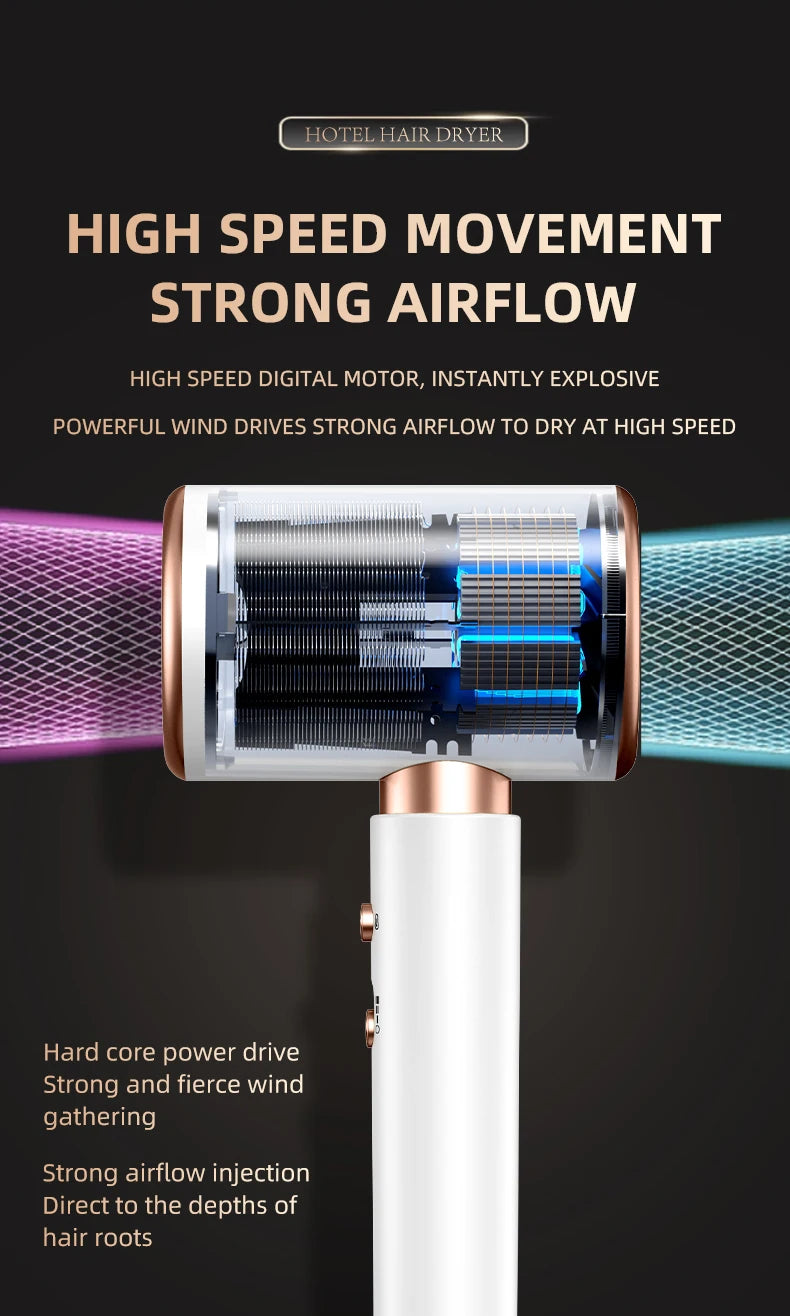 White and gold high-speed hair dryer with blue light technology and powerful digital motor for professional drying.