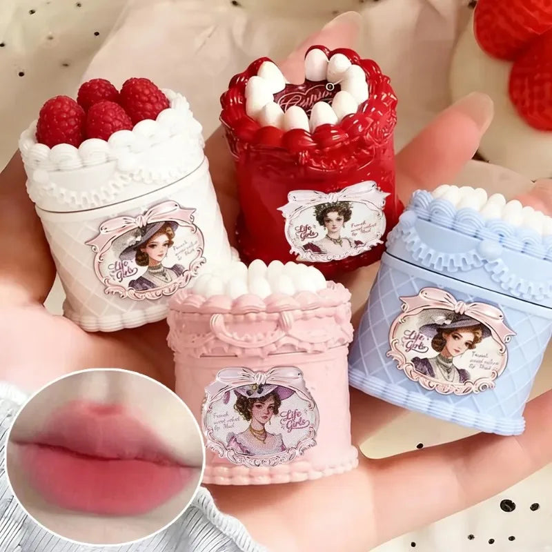Vintage strawberry cake-shaped matte lip mud set with soft-focus velvet finish and highly pigmented colors.