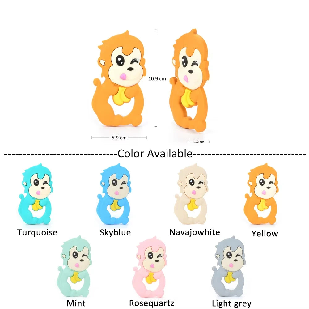 Monkey silicone teething toy for babies available in multiple colors for soothing teething relief.