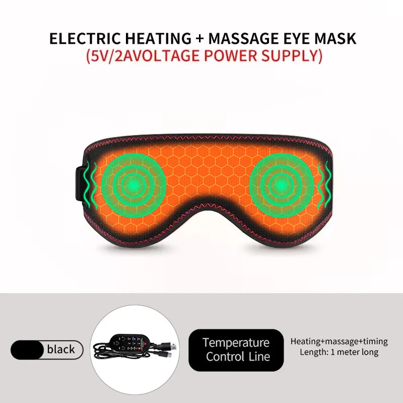 Black electric heated massage eye mask with an orange honeycomb pattern and a wired temperature control remote.