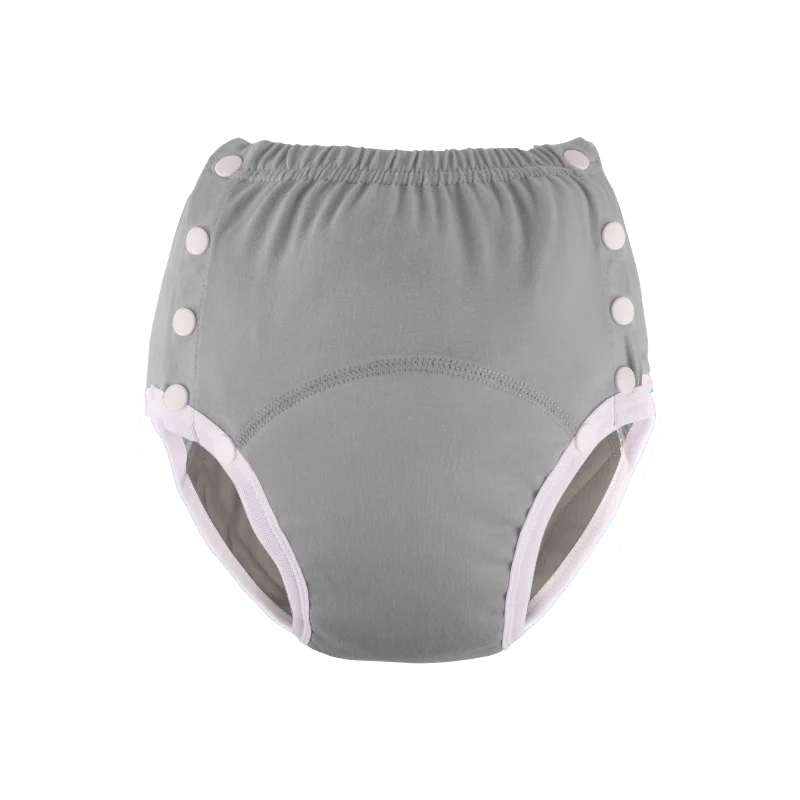Grey reusable baby diaper with adjustable side snap buttons for a secure fit.