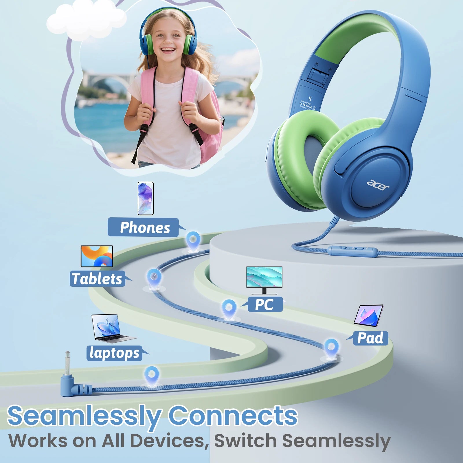 Kids Wired Headphones with Volume Limiting – Foldable Stereo Audio Tidesmit