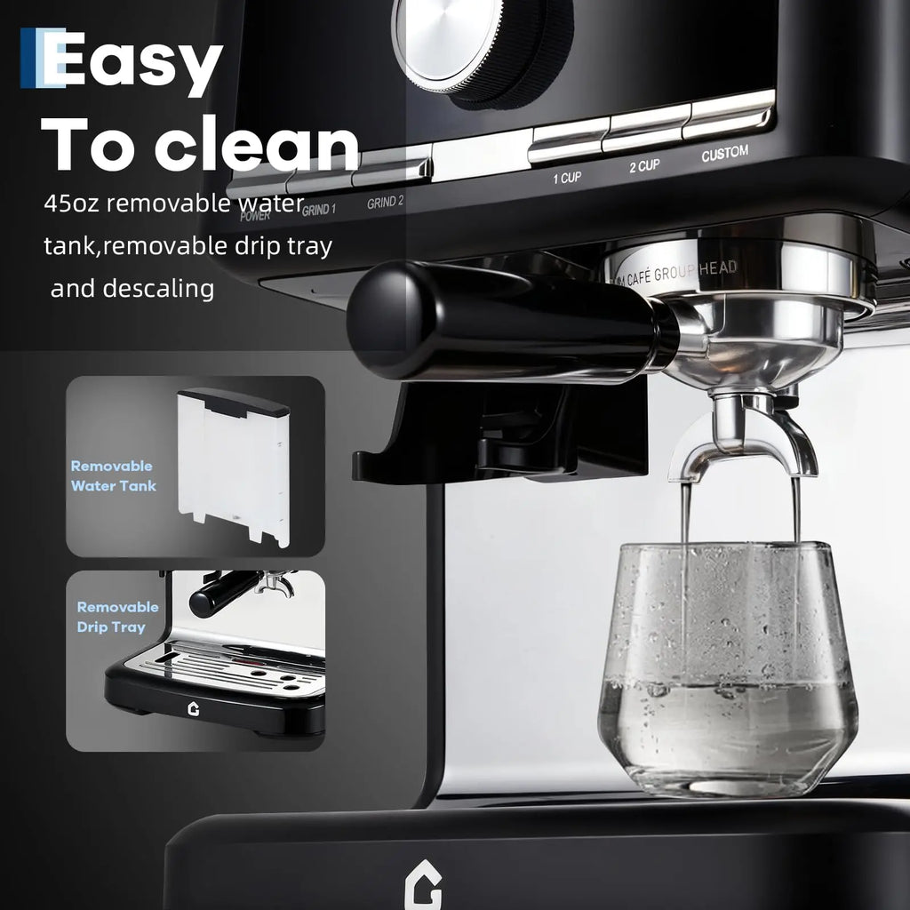 Black espresso machine with 45oz removable water tank, drip tray, and chrome group head for easy cleaning.