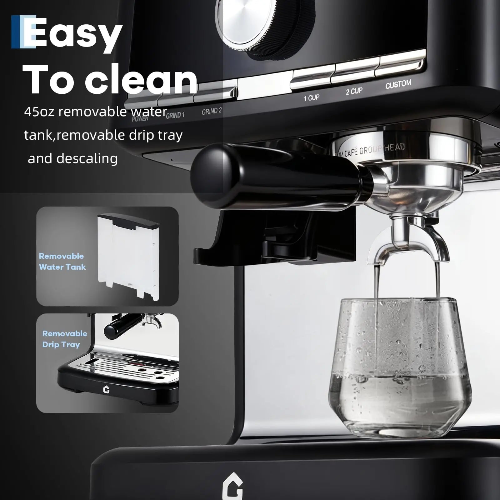 Black espresso machine with 45oz removable water tank, drip tray, and chrome group head for easy cleaning.