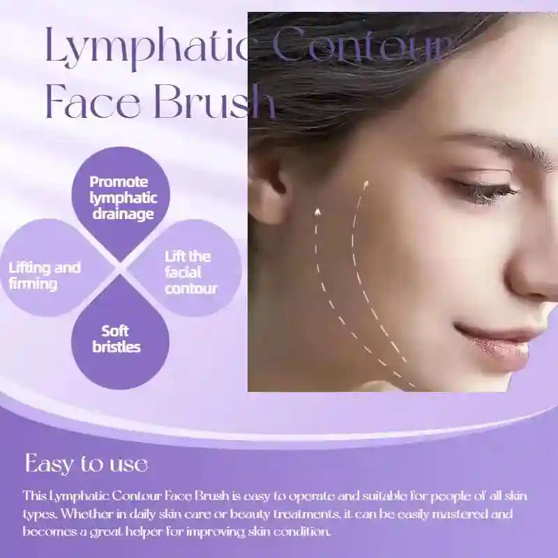 Ad for a lymphatic contour face brush on a purple background, showing a model's face with lift-enhancing arrows.