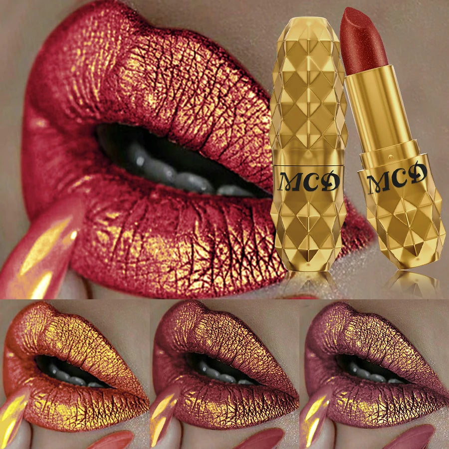Long-lasting, pearlescent metallic lipstick with intense glitter finish in a gold textured tube. Bold shimmer lip makeup.