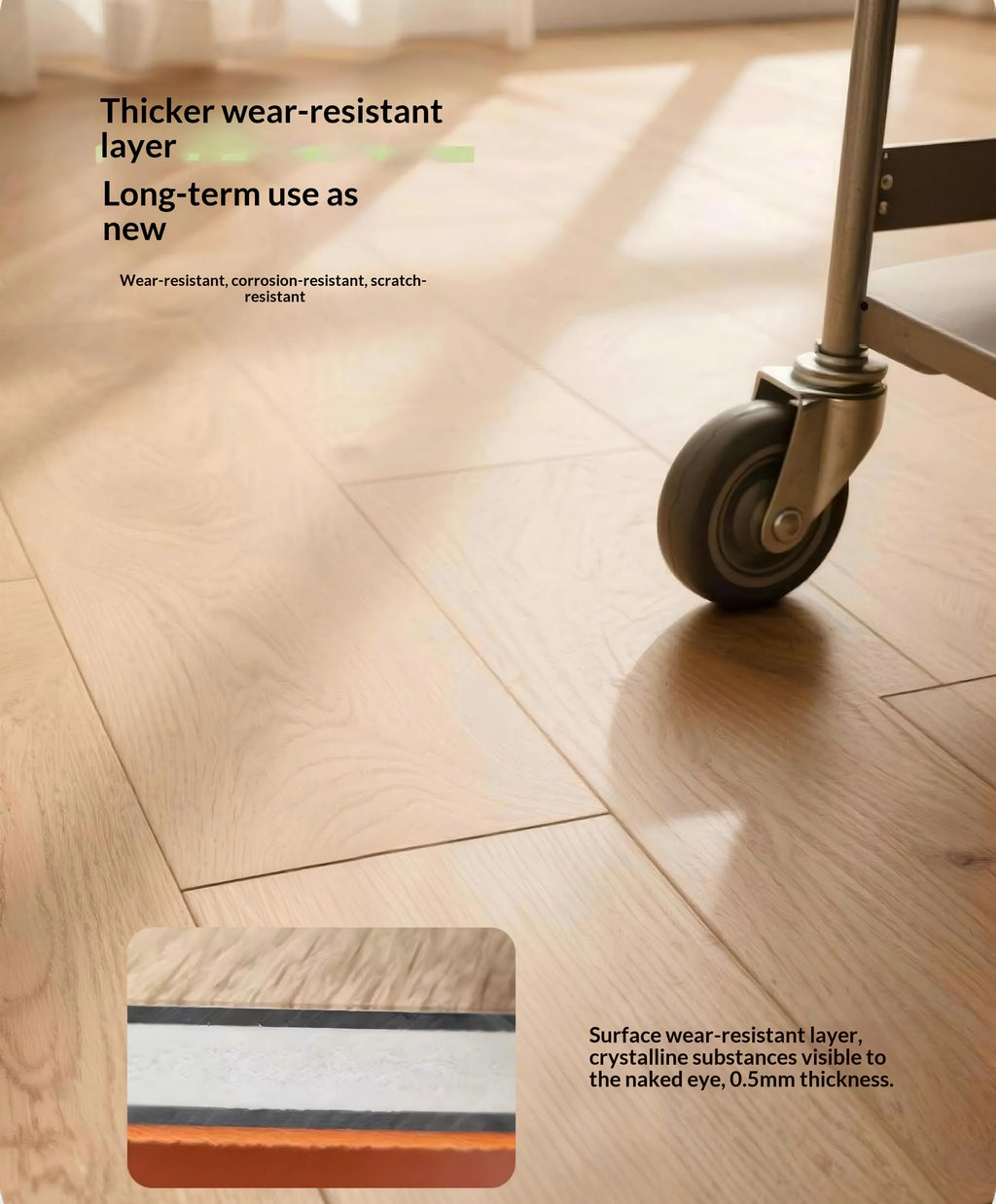 Light woodgrain SPC click flooring with close-up wear layer cross-section