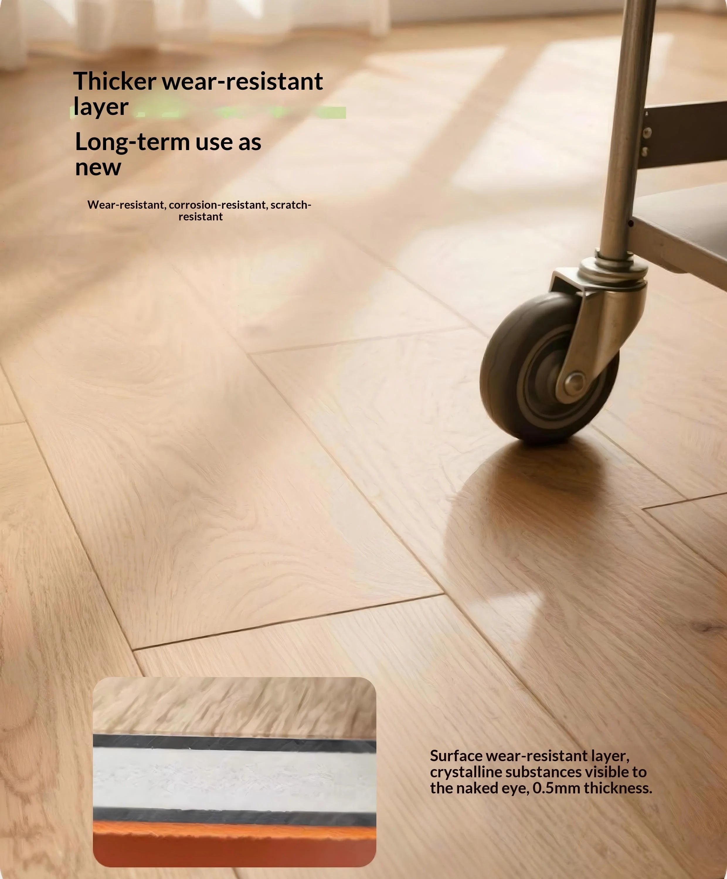 Light woodgrain SPC click flooring with close-up wear layer cross-section