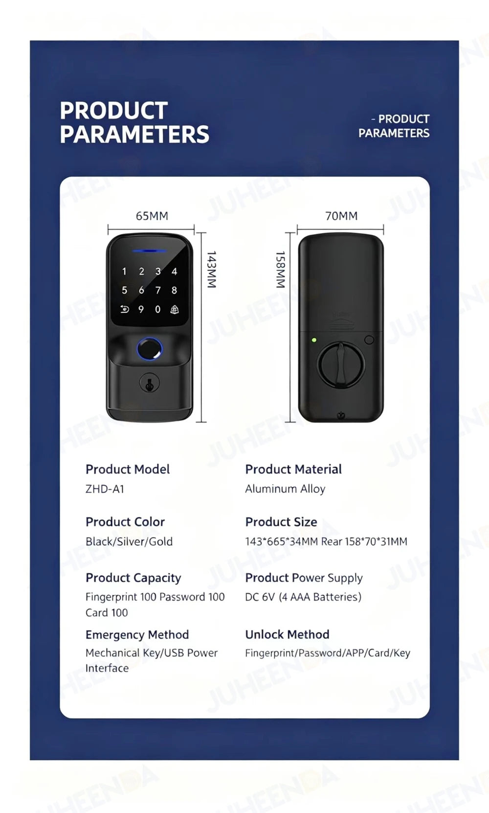 Tuya BLE WiFi Smart Door Lock Fingerprint Password RFID Card Key Unlock APP Control Electronic Deadbolt Lock for Home Office