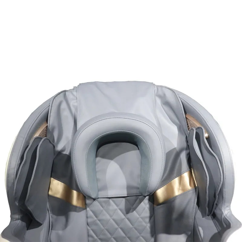 Gray shiatsu massage chair headrest with quilted neck pad and side massage modules