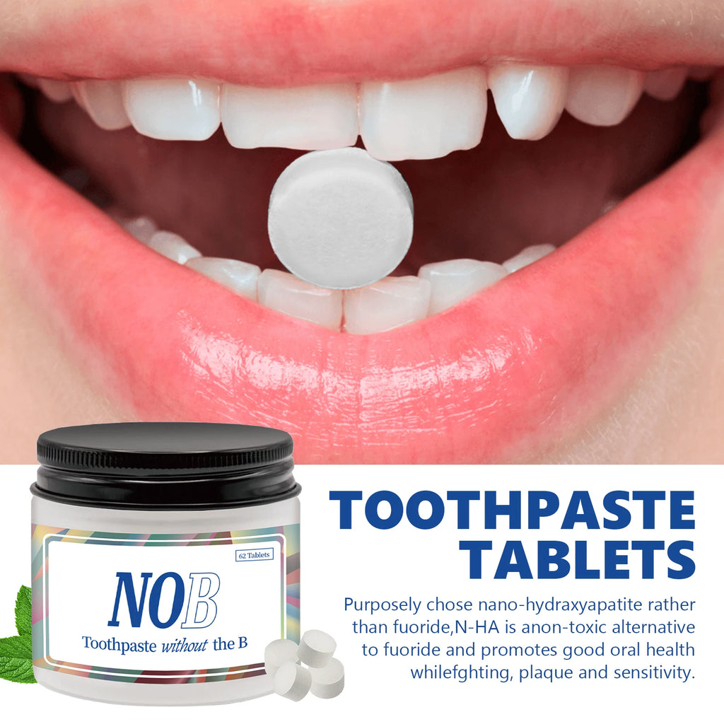 Tidesmit toothpaste tablets with nano hydroxyapatite for teeth whitening, enamel strengthening, and stain removal.