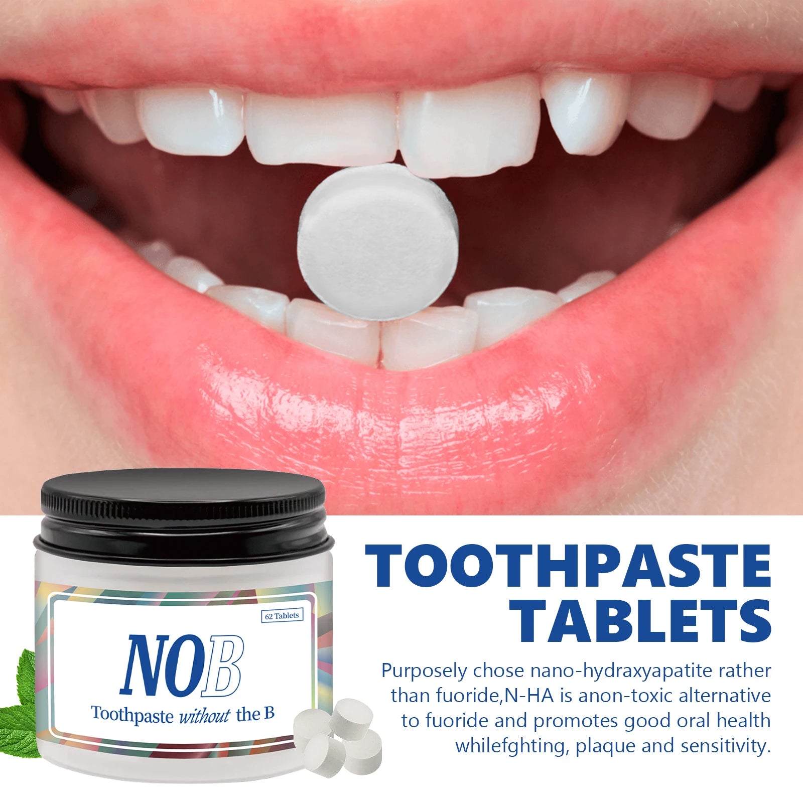 Tidesmit toothpaste tablets with nano hydroxyapatite for teeth whitening, enamel strengthening, and stain removal.