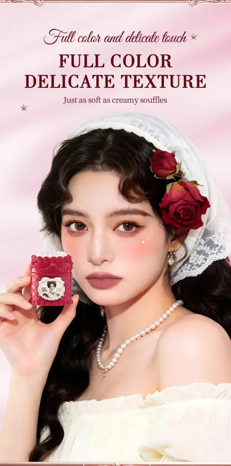 Vintage-style matte velvet mousse lip mud in a highly pigmented, soft-focus dusty rose shade with a creamy finish.