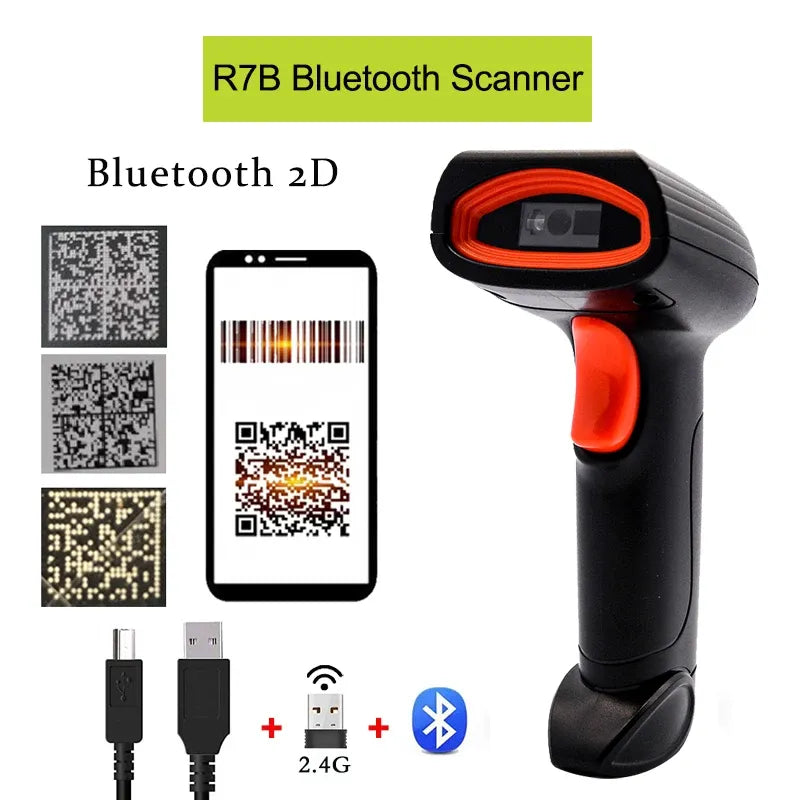 Bluetooth 2D handheld barcode scanner, black with orange trigger and red scan window