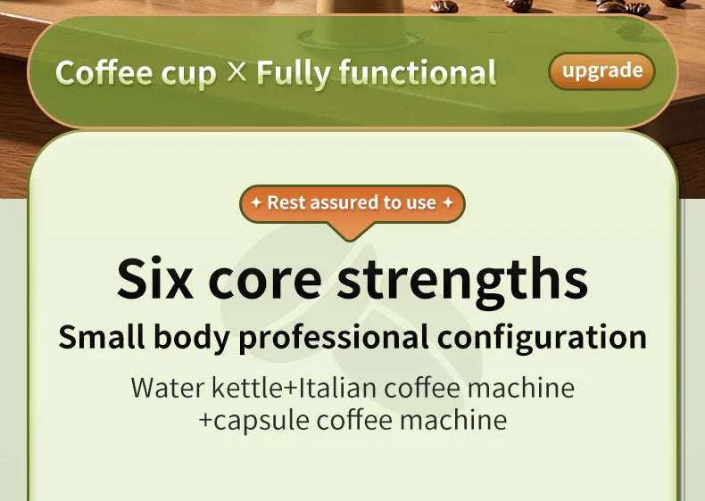 Compact Italian capsule coffee machine with integrated water kettle for professional home brewing.