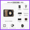 Molus X100 RGB studio light kit with battery, power supply, Bowens adapter, modifiers, and storage bag.