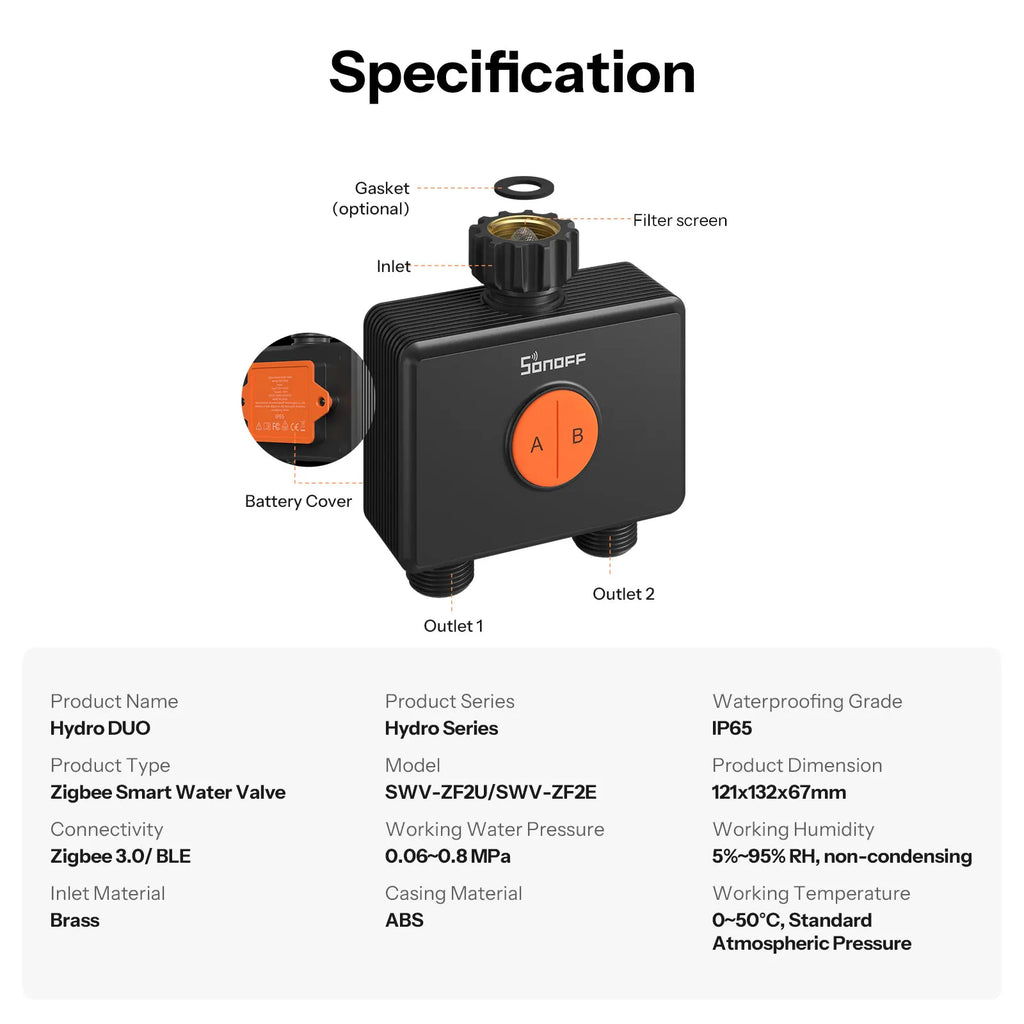 SONOFF Garden Watering Timers 2 Outlet Sprinkler Hydro DUO Dual-Channel Zigbee Smart Water Valve With Flow Meter SWV-ZF2E