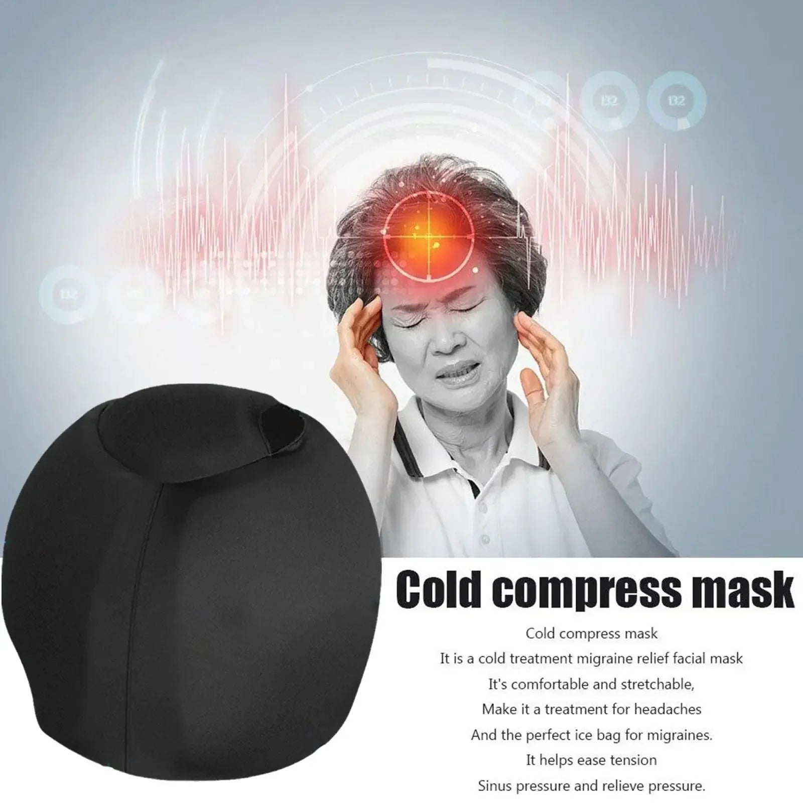 Black migraine ice cap, reusable gel head wrap for headache and tension relief, light-blocking cold compress hat.