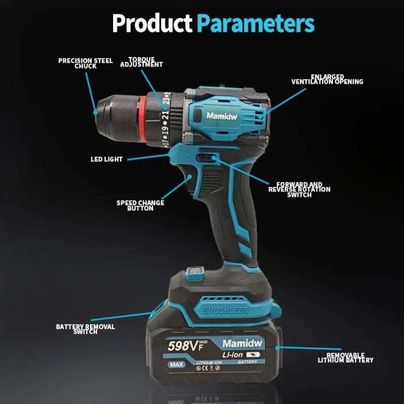 Mamidw Brushless Lithium Electric Drill 1850RPM High Speed Cordless Power Drill for Metal Wood Drilling Furniture Screw Fastening