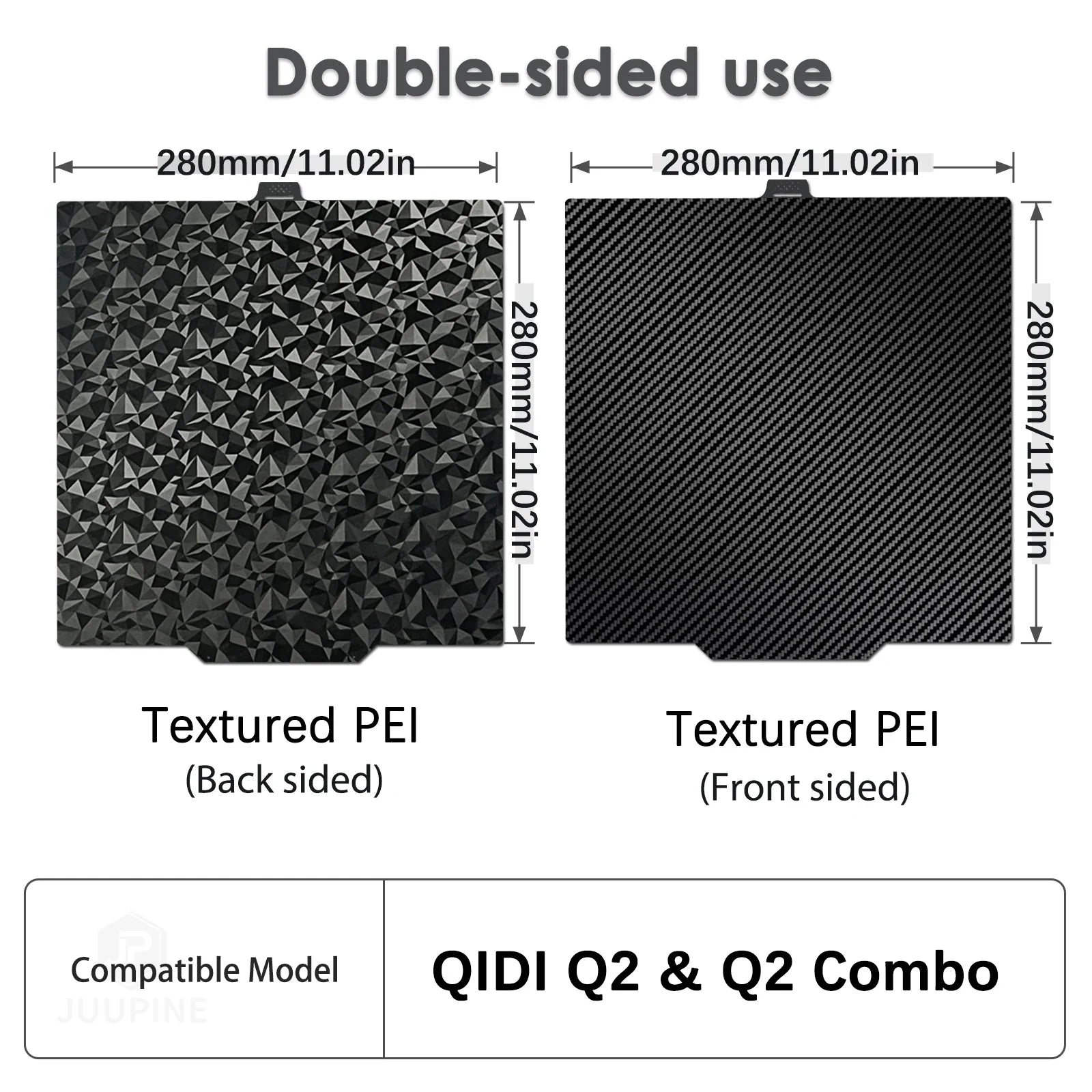 Double-sided 280x280mm PEI build plate for QIDI Q2 3D printer for easy print removal and smooth texture.