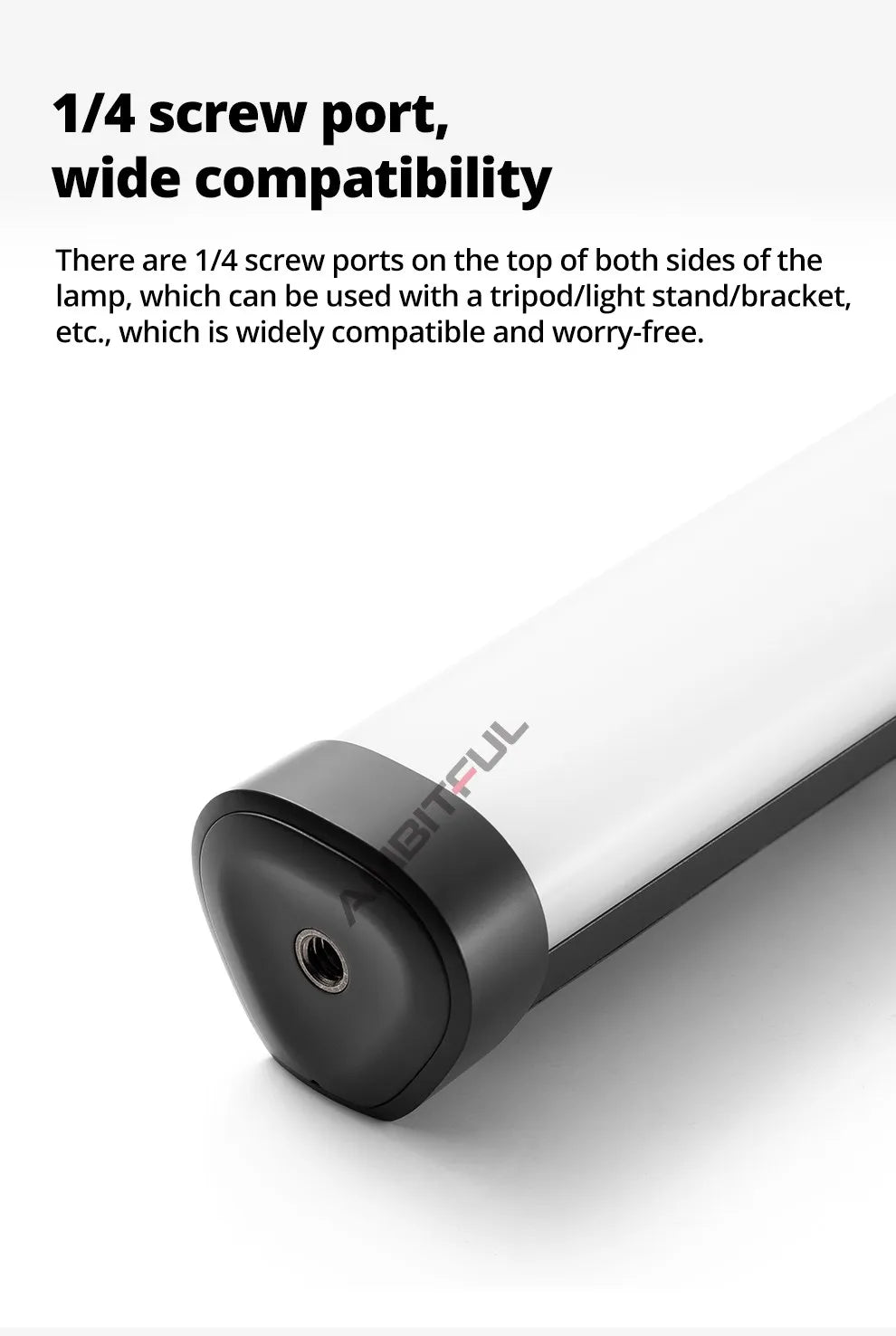 Black and white LED light tube end cap featuring a 1/4-inch screw port for mounting to tripods or brackets.
