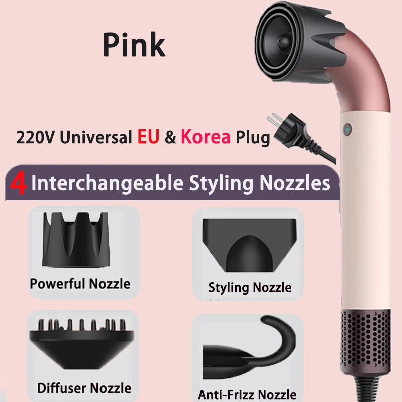 Pink 1400W hair dryer with 4 styling nozzles, fast-drying, lightweight design, and EU plug for professional hair care.