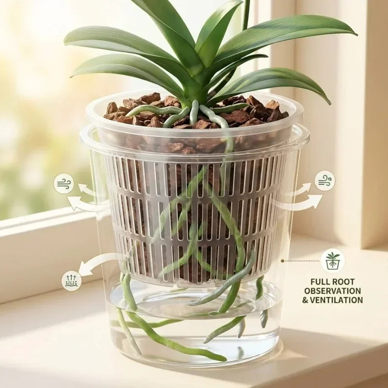Clear self-watering orchid pot with vented inner mesh basket and visible roots