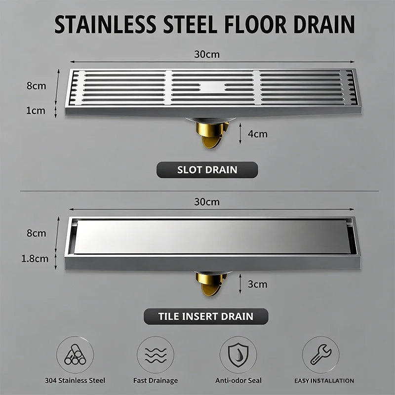 30x8cm Stainless Steel Linear Floor Drain Tile Insert Invisible Shower Waste Grate Anti Odor Hair Strainer Bathroom Wet Room Use