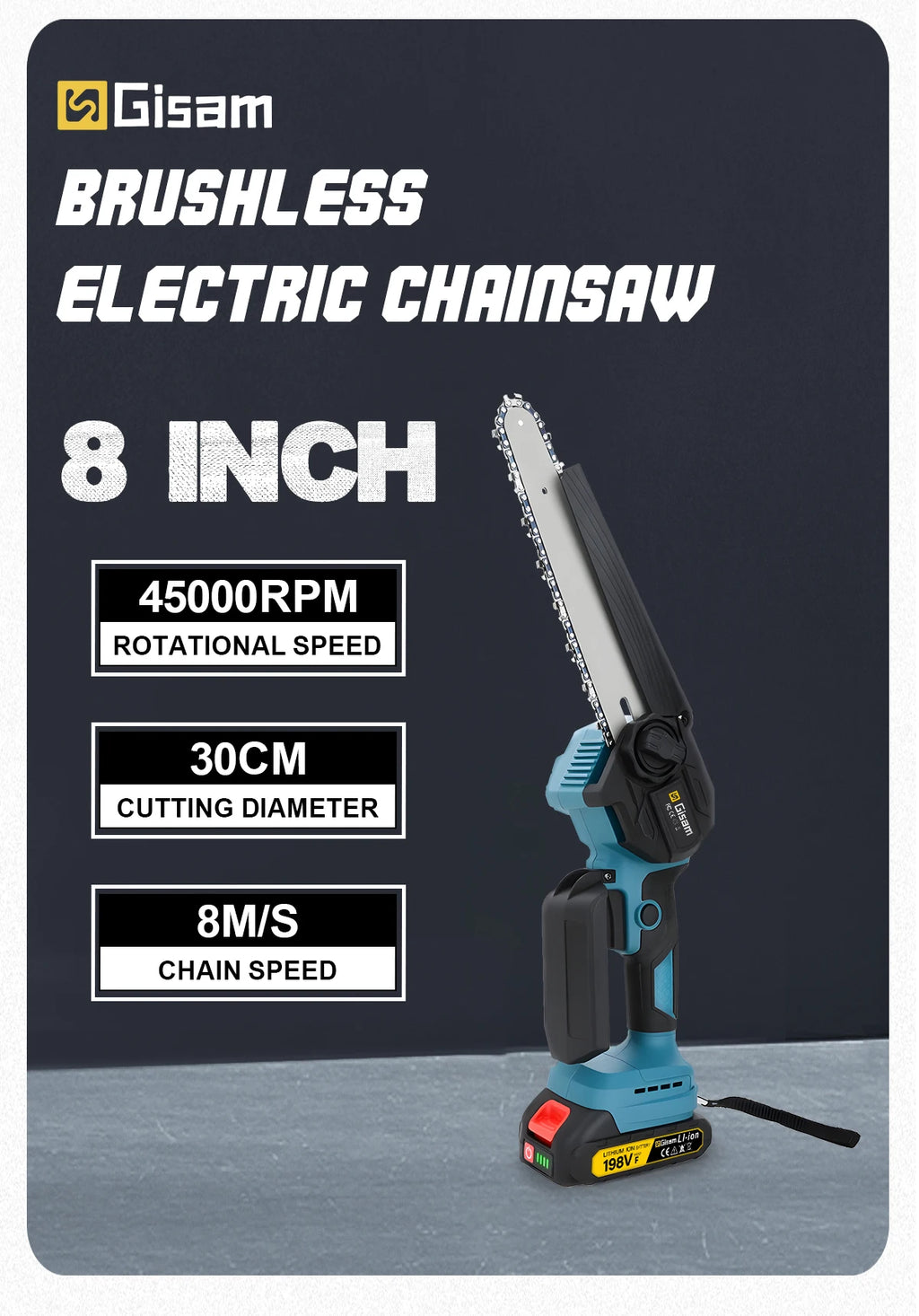 Gisam 8 Inch Brushless Electric Chainsaw Cordless Portable Electric Saw Woodworking Power Tool For makita 18v battery pins