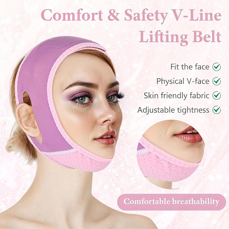 Woman wearing a purple, breathable fabric V-line facial lifting strap with ear cutouts and adjustable closure.