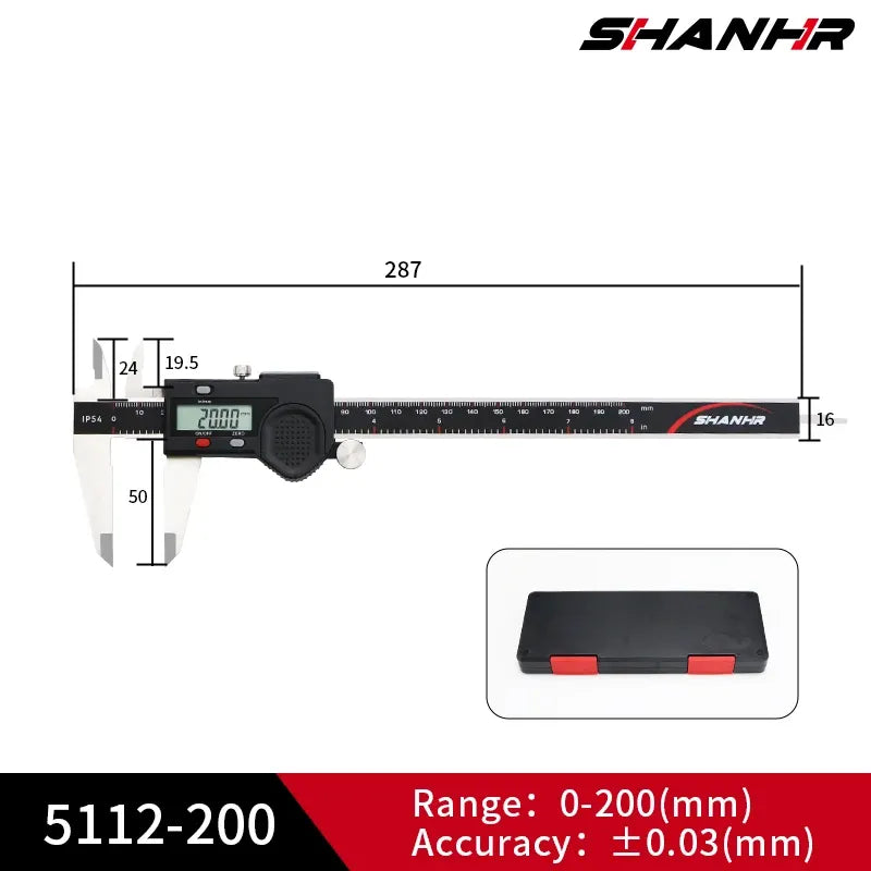 Digital vernier caliper with LCD; range 0-200 mm and display window diagram
