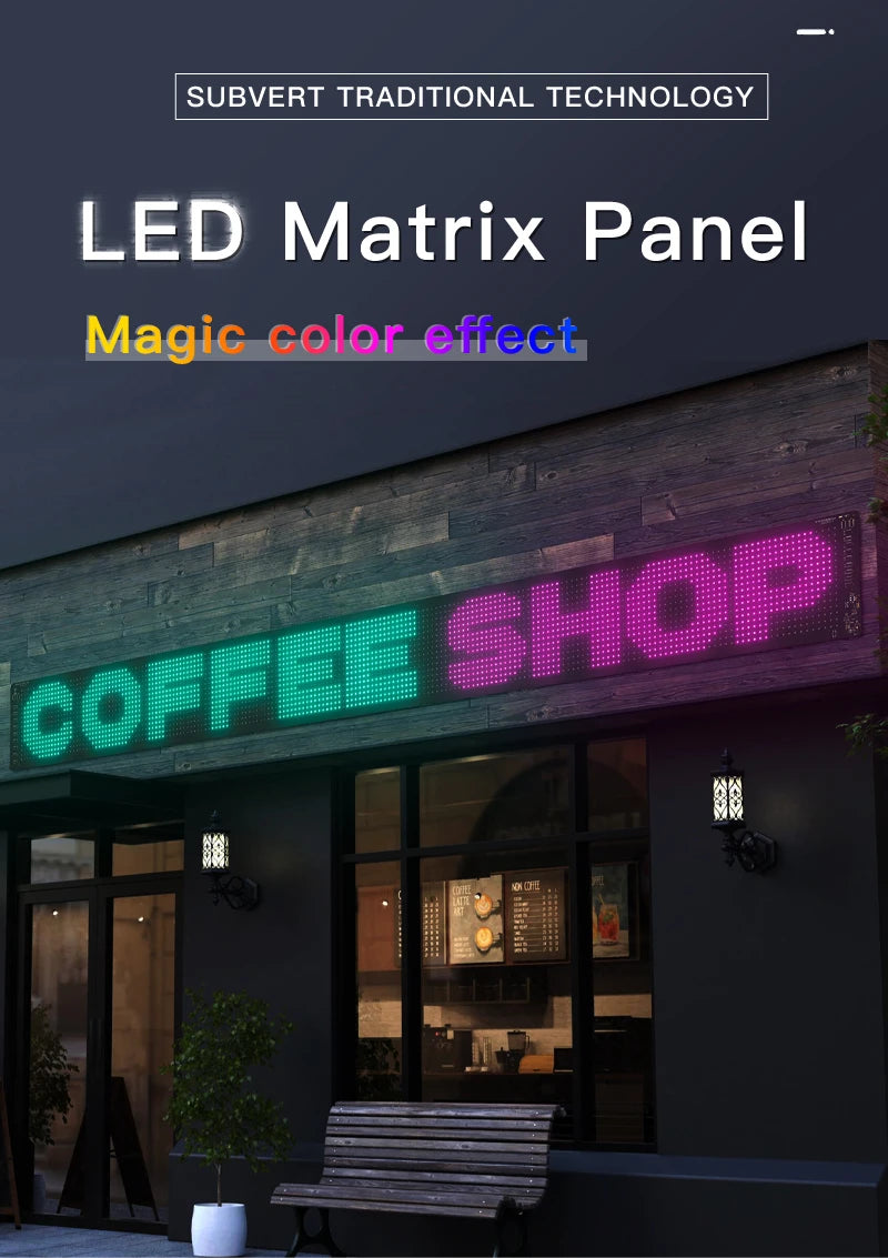 Smart LED scrolling display screen, supports Bluetooth app control, allows for customization of text, graphics, and animations, is USB-powered for easy installation, and is suitable for digital signage in stores, trucks, food