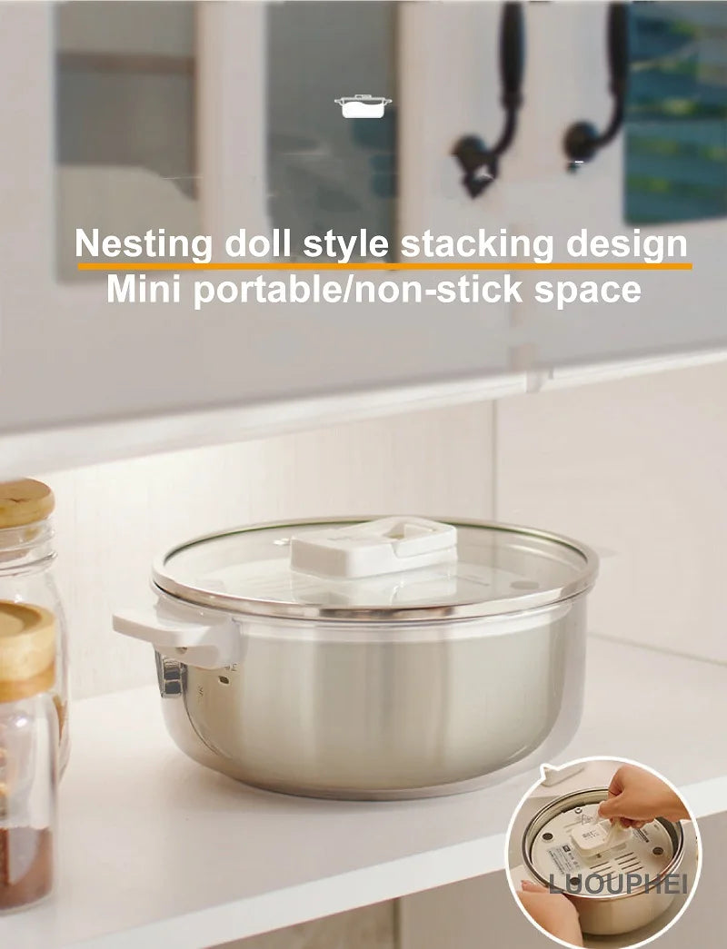 Compact nested electric cooking pot with stainless bowl stacked for space-saving storage