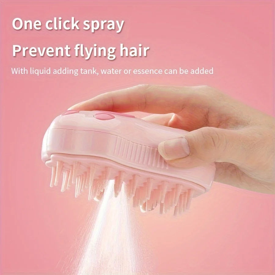 Pink 3-in-1 electric steam pet grooming brush for cats and dogs, removes shedding hair and massages with spray function.