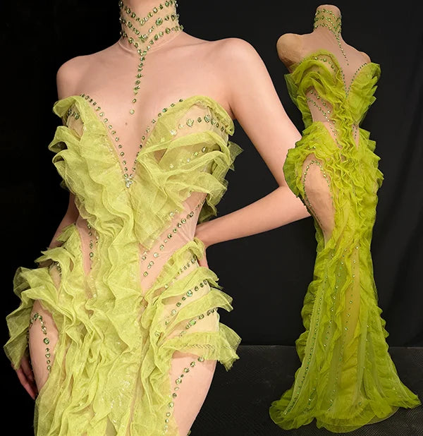 Elegant Sparkly Green Rhinestones Mesh Sheer Ruffle Maxi Dress Celebrate Eveing Birthday Party Nightclub Red Carpet Stage Wear