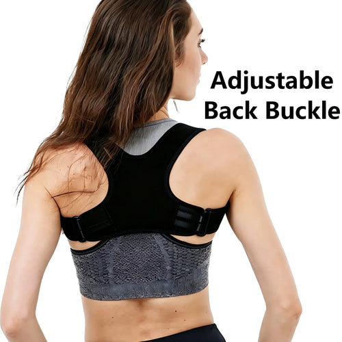 Adjustable black neoprene posture corrector brace for back pain relief and shoulder support.