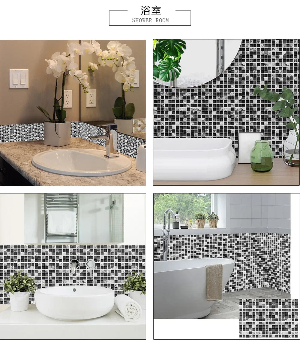 10pcs/set 10/15/20/30cm Flat Marble Mosaic Hard Tiles Wall Sticker Kitchen Bathroom Floor Diagonal Decor Wallpaper PVC Art Mural
