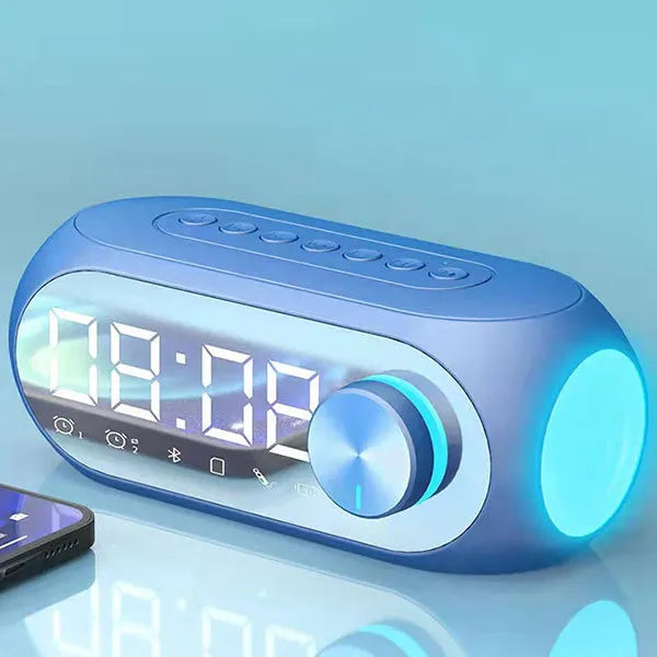 Portable Bluetooth speaker radio alarm clock, blue body with large LED time display