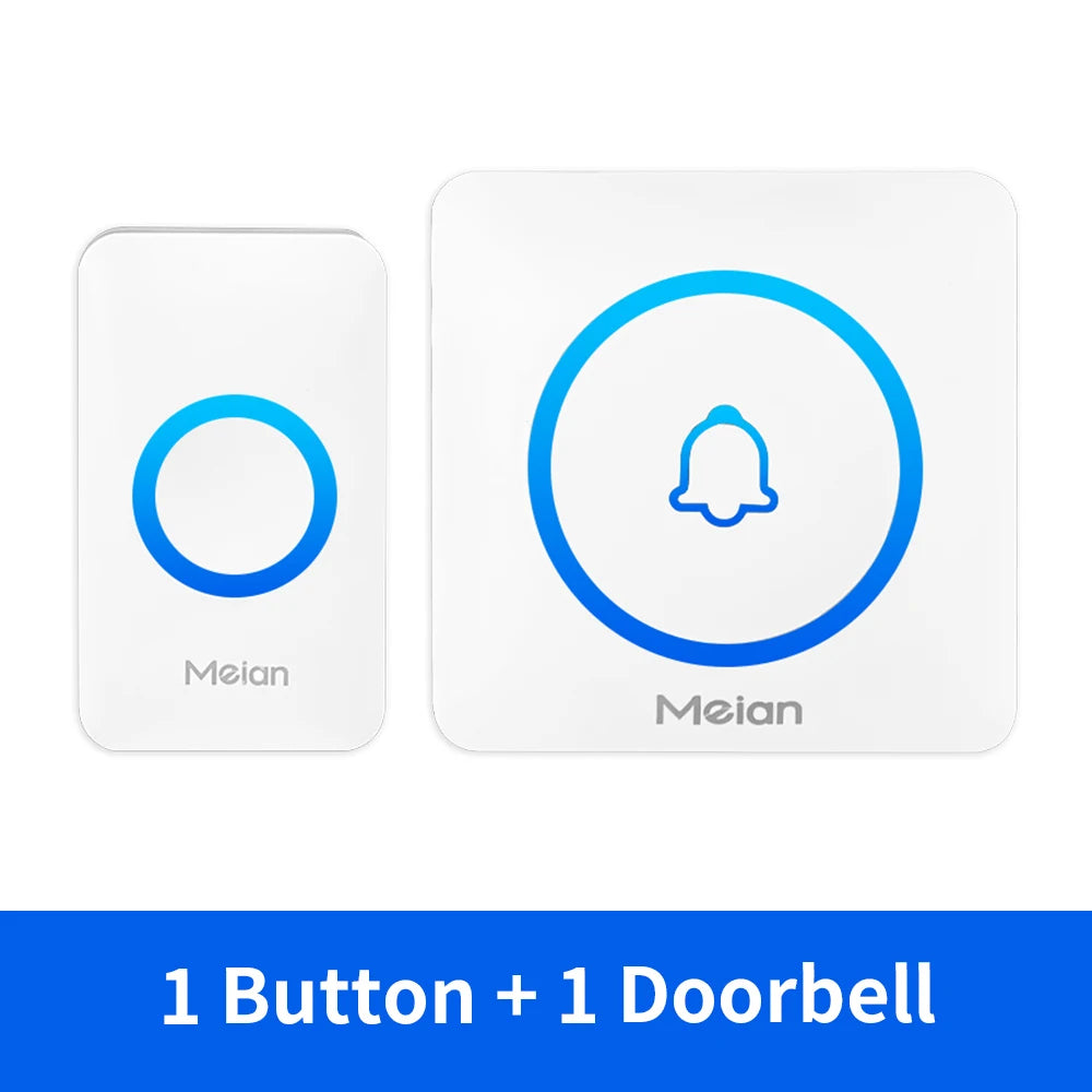 White wireless doorbell receiver and button with blue LED bell ring