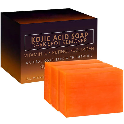 Anti-inflammatory turmeric soap bars in black/gold box. Kojic acid dark spot remover with orange soap bars.