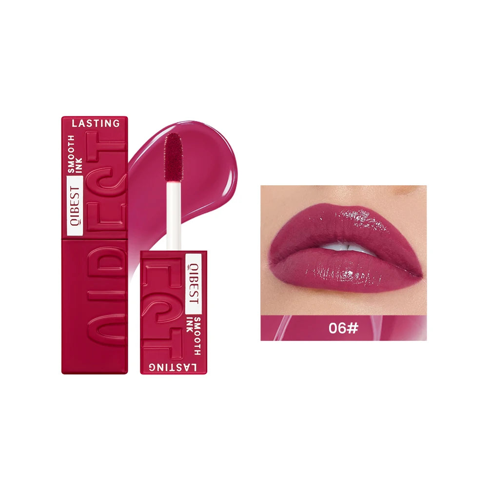 QIBEST watery lip glaze in deep berry, long-lasting mirror finish liquid lipstick with applicator and lip swatch.