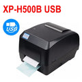 Black XP-H500B USB ribbon receipt barcode printer, paper partially ejected, front view