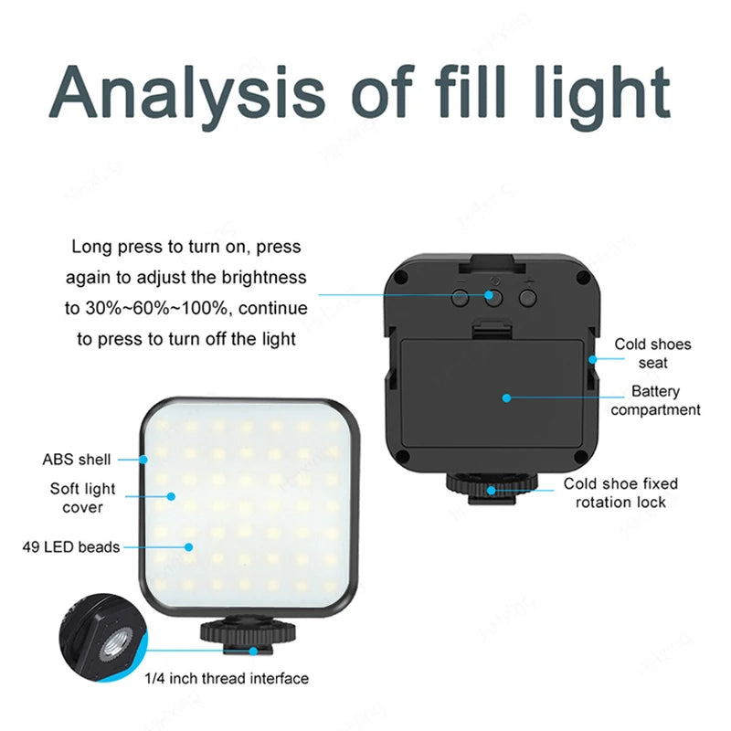 Square 49-LED video fill light in a black ABS shell with brightness controls, battery slot, and cold shoe mount.