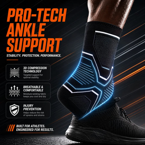 Black knit ankle support brace for orthopedic pain relief, sprain protection, and athletic stability.
